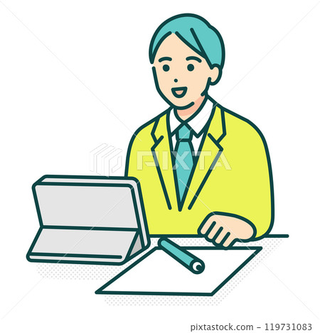 A teenage student doing his homework using a tablet. Vector illustration of a boy studying. A teenage student doing his homework using a tablet. Vector illustration of a boy studying. 119731083