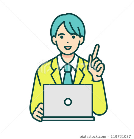 A boy pointing. Vector material of a high school boy studying at school using a laptop. 119731087