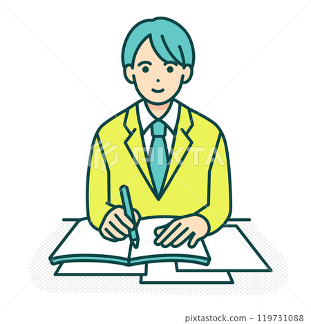 學校的課堂場景。一個男孩在做筆記。一個高中男孩坐在書桌前學習的插圖。 119731088