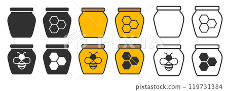 Various Honey glass jar icon symbol set. Honey symbol logo sign collection. Bee wax sign. honey package design. Vector illustration image. Isolated on white background. Various Honey glass jar icon symbol set. Honey symbol logo sign collection. Bee wax sign. honey package design. Vector illustration image. Isolated on white background. 119731384
