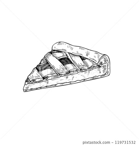 Vector classic apple pie slice black and white drawing illustration painted by inks. Fruit or berry tart hand drawn graphic sketch. Food pastry element for menu, recipe design, poster. 119731532