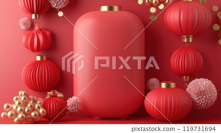 Vibrant Chinese New Year with Glowing Red Lanterns and Ornaments 119731694