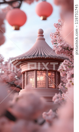 Illuminated Chinese Pagoda Surrounded by Cherry Blossoms and Lanterns 119731745