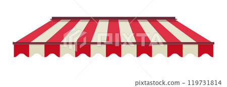 Striped awning for cafe. Striped shop canopy. Store or cafe sunshade awning. 119731814