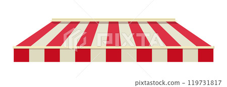 Striped awning for cafe. Striped shop canopy. Store or cafe sunshade awning. 119731817