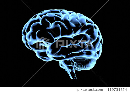 Abstract brain hologram. AI brain. Neon brain on dark background. Neurology research, artificial intelligence. Diagnosis of organs. Abstract brain hologram. AI brain. Neon brain on dark background. Neurology research, artificial intelligence. Diagnosis of organs. 119731854