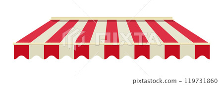 Striped awning for cafe. Striped shop canopy. Store or cafe sunshade awning. Striped awning for cafe. Striped shop canopy. Store or cafe sunshade awning. 119731860