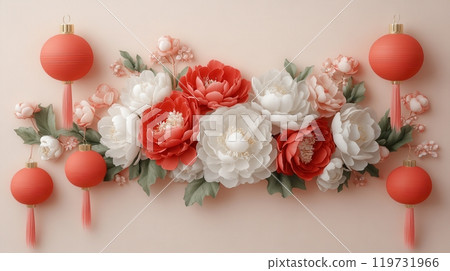 Vibrant Peony Bouquet with Red Lanterns on Neutral Background Vibrant Peony Bouquet with Red Lanterns on Neutral Background 119731966