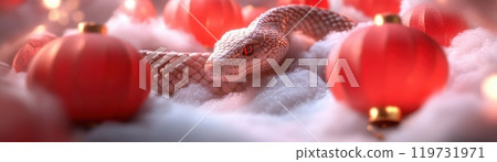 Snake Coiled Amidst Red Lanterns in Festive Chinese New Year Sky 119731971