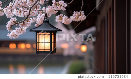 Glowing Lanterns and Cherry Blossoms Illuminating a Peaceful Japanese Village at Dusk Glowing Lanterns and Cherry Blossoms Illuminating a Peaceful Japanese Village at Dusk 119731984