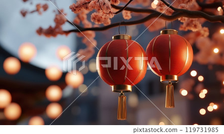 Red Lanterns Hanging Over a Moonlit Pagoda with a Warm Glow Red Lanterns Hanging Over a Moonlit Pagoda with a Warm Glow 119731985