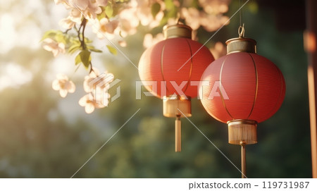 Elegant Red and Gold Lanterns Floating in the Sky Over a Tranquil Nature Landscape 119731987
