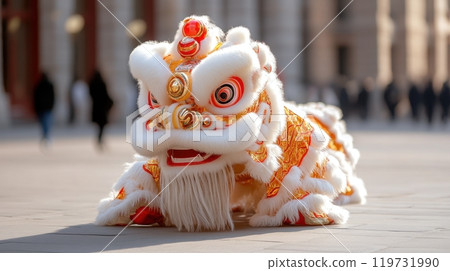 Vibrant Traditional Chinese Lion Dance Performance in Bustling City 119731990