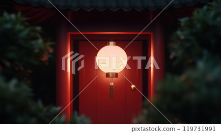 Illuminated Chinese Temple with Golden Snake and Lanterns in Serene Night Landscape 119731991