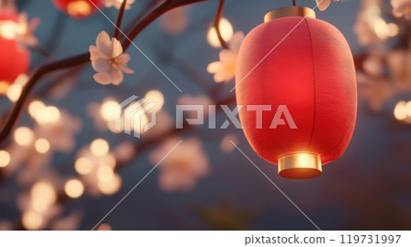 Glowing Red Lanterns Illuminating the Serene Evening Sky with Twinkling Stars 119731997