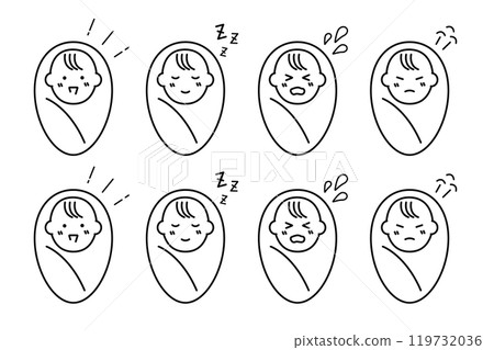Illustration of various expressions of a baby wrapped in a swaddling cloth 119732036