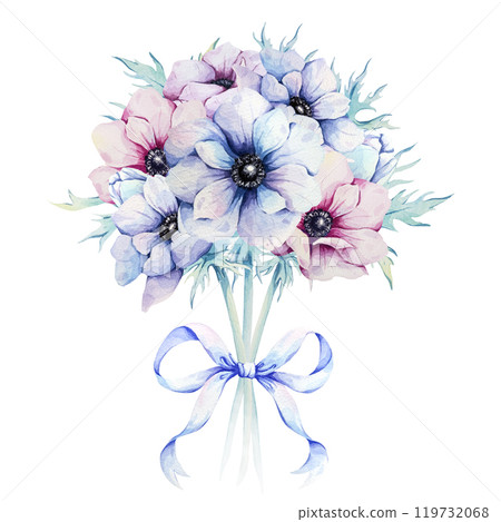 Anemone bouquet with bow, bud and leaves. Watercolor illustration isolated on white background. Airy pink and blue spring flowers for design, printing on cards, invitations Anemone bouquet with bow, bud and leaves. Watercolor illustration isolated on white background. Airy pink and blue spring flowers for design, printing on cards, invitations 119732068