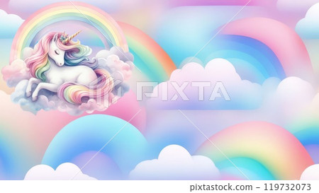 Background with unicorn among airy clouds and rainbow in pastel colors.   119732073