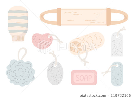 Washcloths, loofah sponge for shower, bath, massage, peeling. Pumice. Beauty, self-care, bathroom, sauna items. Cartoon flat vector illustration. Washcloths, loofah sponge for shower, bath, massage, peeling. Pumice. Beauty, self-care, bathroom, sauna items. Cartoon flat vector illustration. 119732166