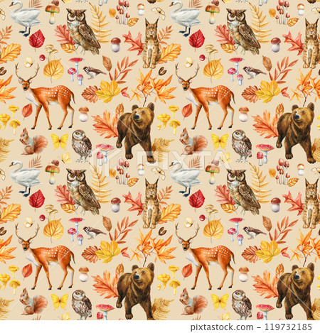 Watercolor deer, bear, lynx, squirrel and Eagle owl. Autumn flora, mushroom bird, wild animals. Forest seamless pattern. Watercolor deer, bear, lynx, squirrel and Eagle owl. Autumn flora, mushroom bird, wild animals. Forest seamless pattern. 119732185