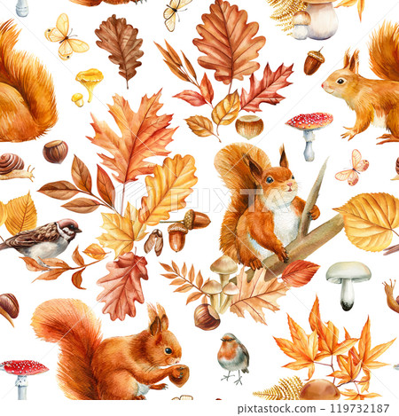 Watercolor autumn woodland animals seamless pattern with squirrels, oak leaves, acorns, mushrooms and bird. Fall foliage 119732187