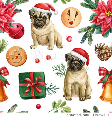 Adorable pugs in Santa Claus hat, Christmas puppy, festive holiday pet, winter dog artwork. Watercolor seamless pattern 119732194