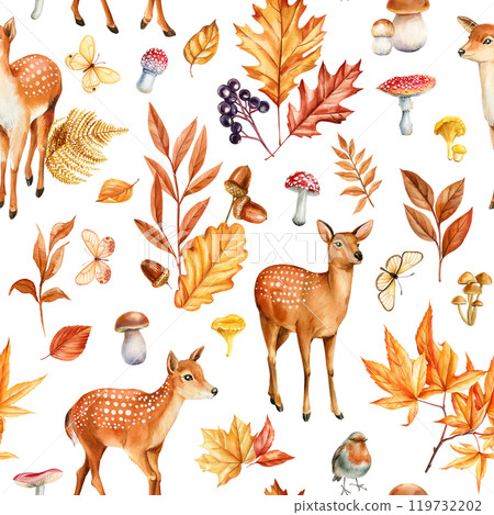 Fall forest animals, foliage seamless pattern, watercolor deer, autumn leaves, mushrooms, butterfly for seasonal designs 119732202