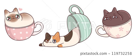 Kawaii cats in cups set isolated on white Kawaii cats in cups set isolated on white 119732258