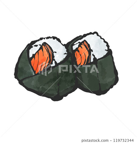 鮭魚原飯糰的手寫畫筆繪畫風格插圖 119732344