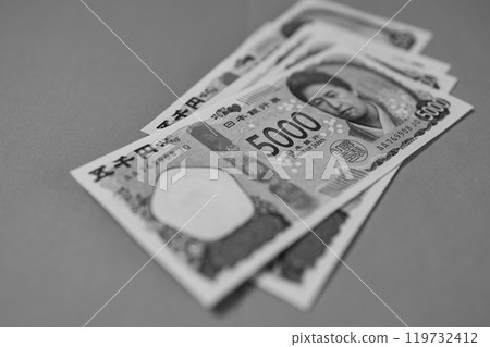 Monochrome stack 5000 yen notes with portrait details 119732412