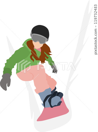 Illustration of a woman snowboarding on a snowy mountain in winter 119732483