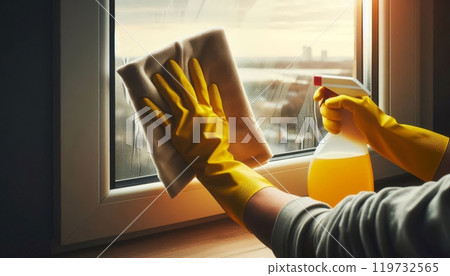 Hands in yellow gloves cleaning window with cloth and spray bottle, sunlight shining through glass. Concept of housekeeping and hygiene 119732565