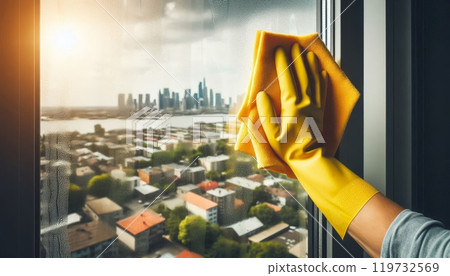 Hand in yellow glove wiping window with cloth, sunny urban skyline and river in background. Concept of cleanliness and maintenance 119732569