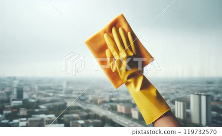 Hand in yellow rubber glove cleaning a glass window with a yellow cloth against a cityscape background. Household cleaning concept 119732570