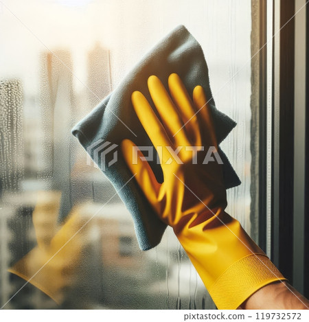 Hand wearing a yellow glove wiping a glass window with a sponge under sunlight. Concept of household cleaning and window maintenance 119732572