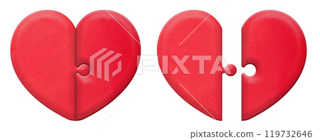 Vertically aligned plump puzzle and split red heart puzzle material Vertically aligned plump puzzle and split red heart puzzle material 119732646