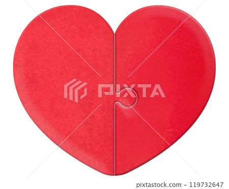 A red puzzle in the shape of a plump, three-dimensional heart, split vertically A red puzzle in the shape of a plump, three-dimensional heart, split vertically 119732647