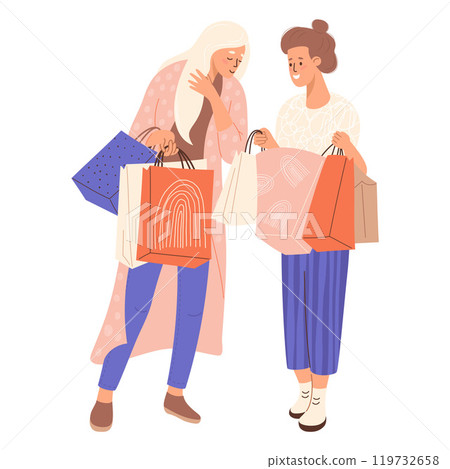 Shopping. Happy woman buyers. Cute blonde girl looks at buying gifts in shopping packages in brunette friend. Vector illustration. Black friday. Cute female character Shopping. Happy woman buyers. Cute blonde girl looks at buying gifts in shopping packages in brunette friend. Vector illustration. Black friday. Cute female character 119732658