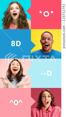 Creative collage with different people expressing various happy emotions paired with matching emoji-like symbols. Fun, lively vibe. Creative collage with different people expressing various happy emotions paired with matching emoji-like symbols. Fun, lively vibe. 119732741
