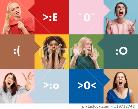 Conceptual collage made with portrait of different emotional women shouting with anger, expressing annoyance and irritation. Conceptual collage made with portrait of different emotional women shouting with anger, expressing annoyance and irritation. 119732748
