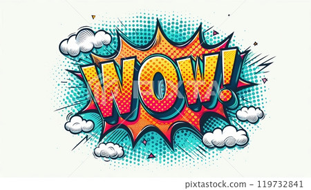 Comic style WOW speech bubble explosion with bright colors and pop art design on white background. Retro comic book illustration for banners and posters Comic style WOW speech bubble explosion with bright colors and pop art design on white background. Retro comic book illustration for banners and posters 119732841