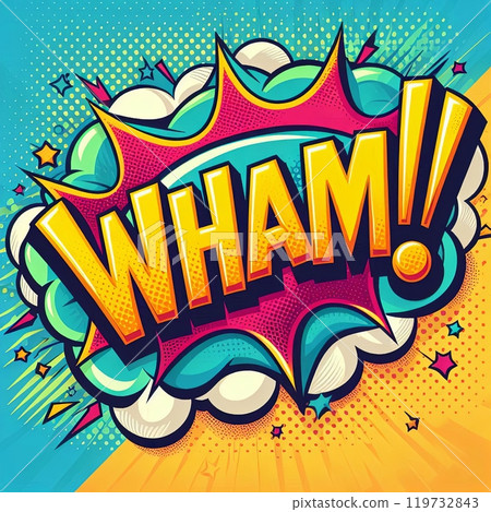 Comic book style speech bubble WHAM with dynamic explosion and vibrant colors background. Pop art illustration for poster, banner, or graphic design 119732843