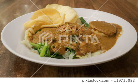 Indonesian food Pecal, traditional Javanese dish consists of mix fresh vegetables and peanut sauce dressing, with additional kerupuk or crackers, on the plate. Indonesian food Pecal, traditional Javanese dish consists of mix fresh vegetables and peanut sauce dressing, with additional kerupuk or crackers, on the plate. 119733088