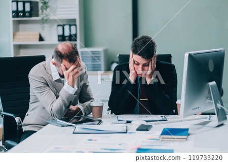 Two Unhappy tired businessman, corporate manager, sits at the workplace, tired from online work, stressed, nervous, massages the bridge of his nose, closed his eyes, experiencing a headache. 119733220
