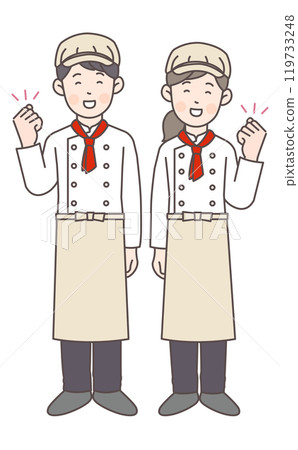 Full-body illustration of a bakery staff member posing in a fist Full-body illustration of a bakery staff member posing in a fist 119733248