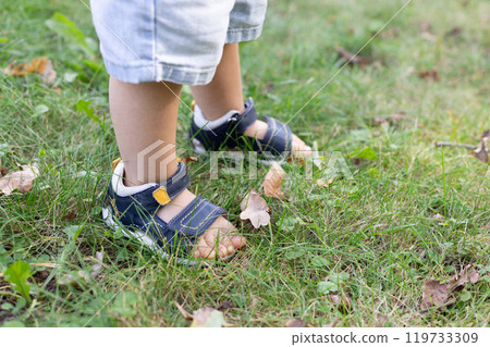Little child walks in the park in too small sandals. 119733309