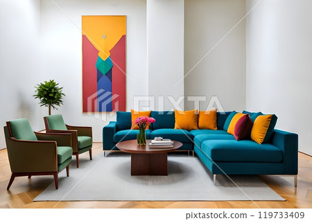 Modern contemporary simple minimalist modern cozy, comfortable, colorful artistic and elegant living room for house and apartment, very good interior. 119733409