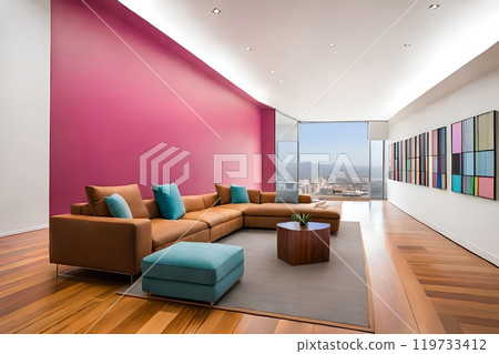 Modern contemporary simple minimalist modern cozy, comfortable, colorful artistic and elegant living room for house and apartment, very good interior. 119733412
