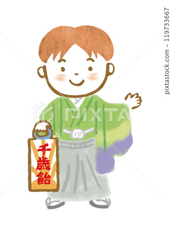 一個穿著七五三和服的 5 歲男孩的手繪插圖 119733667