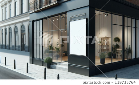 Vertical blank signboard on the facade of a modern shop with glass windows. Outdoor mockup 119733764